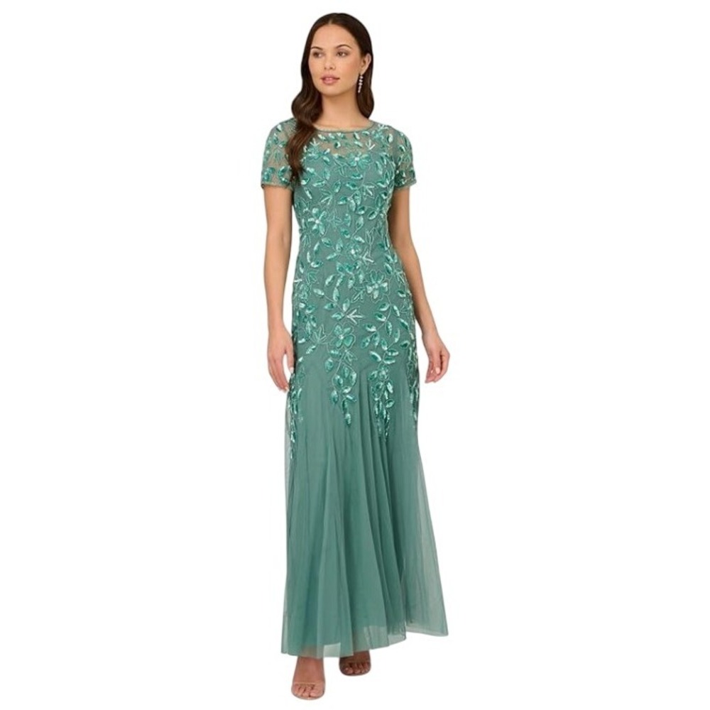 Adrianna Papell‎ Womens Size 18 Bead Long Dress with Godet Green Slate NWT